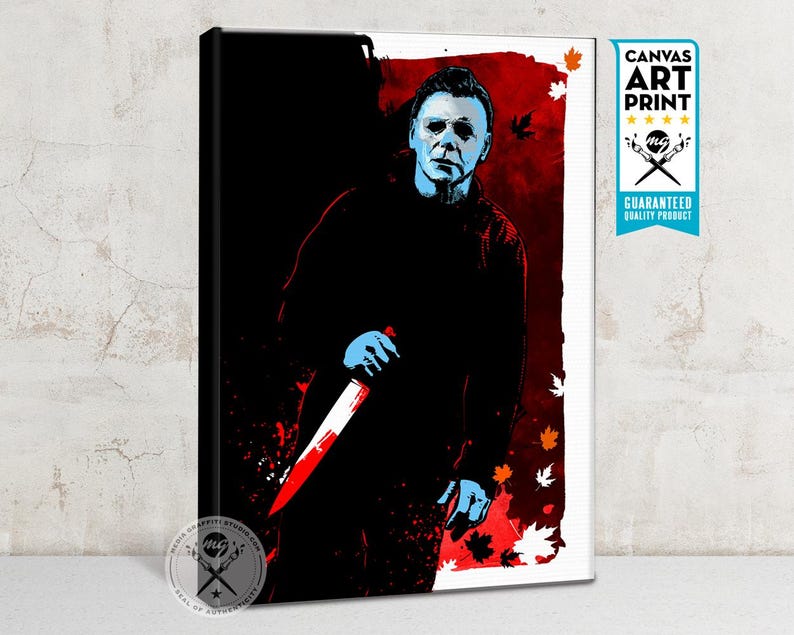 May include: A digital art print of Michael Myers, the iconic horror movie character, holding a knife. The background is a red and white splatter pattern with falling leaves. The text "CANVAS ART PRINT" is in the top right corner.
