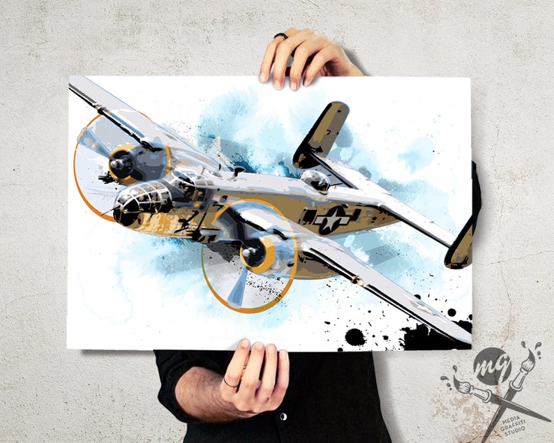 Airplane Art B25 Bomber Airplane Print, WWII vintage Airplane Decor, Military Gift, Aviation, airplane nursery, Pilot gift, Art Print image 3