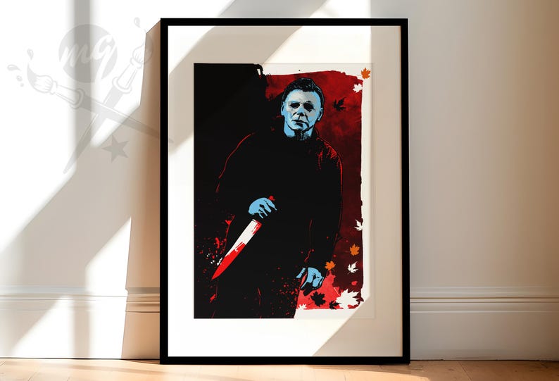 May include: A framed print of a horror movie character with a knife, against a red and black background with fall leaves. The character has a white mask and blue skin.