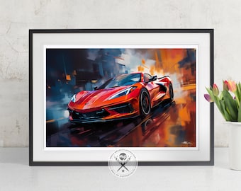 Red Corvette C8 Fine Art Print, Available as a poster print or canvas art, Chevy Enthusiasts Ideal Gift for Car Lovers and Guy's Room Decor