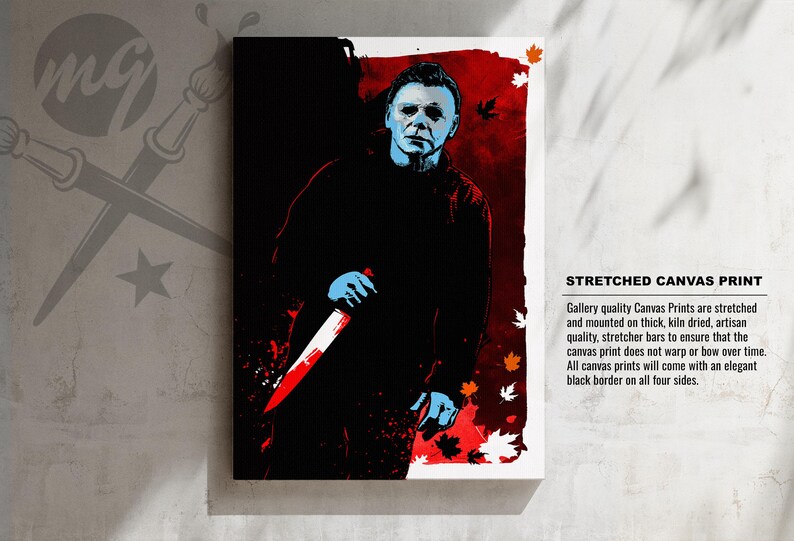 May include: A stretched canvas print featuring a digital illustration of Michael Myers from the Halloween franchise. The image is in a pop art style with a red background and a black silhouette of Michael Myers holding a knife. The text "STRETCHED CANVAS PRINT" is in the bottom right corner of the image.