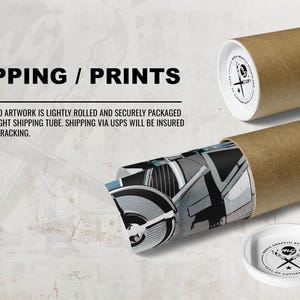 May include: A brown cardboard tube with a white end cap, showing a graphic print of a robot with a blue and gray color scheme. The tube is labeled "Rock Graffiti Studio" and "Seal of Authenticity".