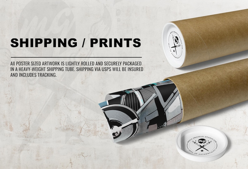 May include: A brown cardboard tube with a white end cap, showing a graphic print of a robot with a blue and gray color scheme. The tube is labeled "Rock Graffiti Studio" and "Seal of Authenticity".