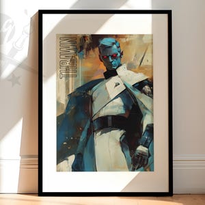 May include: A digital art print of a blue-skinned character with red eyes wearing a white and blue uniform. The character is standing in a dramatic pose with a dark background. The text "THRAWN" is written vertically on the left side of the image.