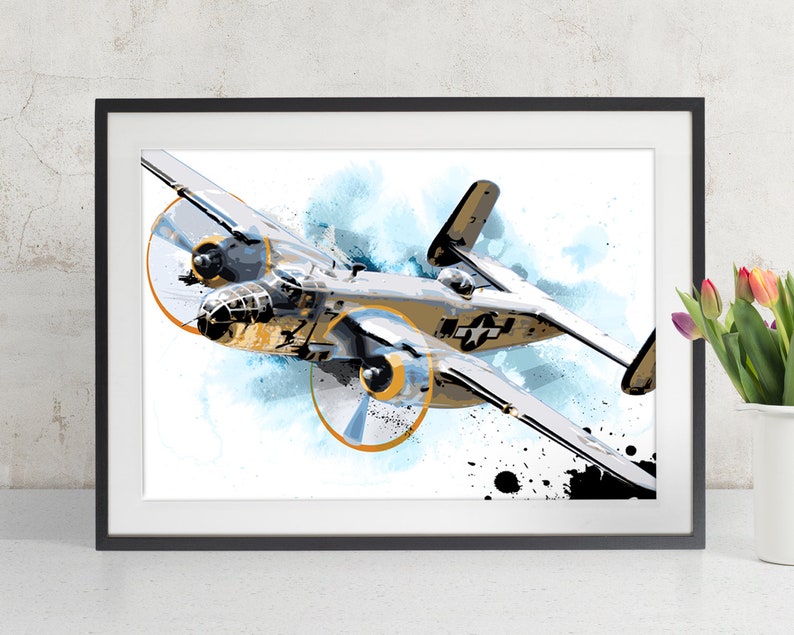 Airplane Art B25 Bomber Airplane Print, WWII vintage Airplane Decor, Military Gift, Aviation, airplane nursery, Pilot gift, Art Print image 1