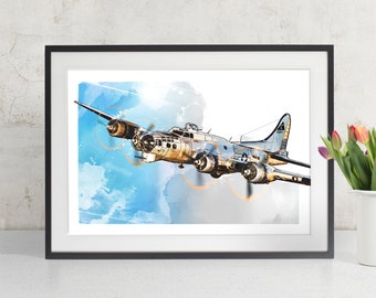 B-17 Flying Fortress Airplane Art, retro WWII vintage bomber plane, Aviation Decor, Airplane Art Print, Military Gift for men