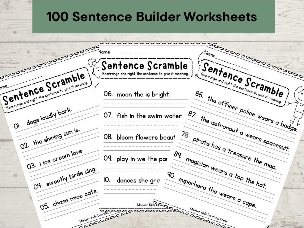 Sentence Builder Worksheets, Reading and Writing Practice, Primary and KG Literacy, Grammar, Homeschool Resources, Printable Worksheet
