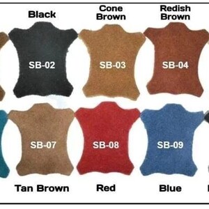 May include: A collection of ten hide-shaped leather swatches arranged in two rows. Each swatch is labeled with a code from SB-01 to SB-10 and a color name including Brown, Black, Cone Brown, Redish Brown, Beige White, Teal, Tan Brown, Red, Blue, and Dark Brown.