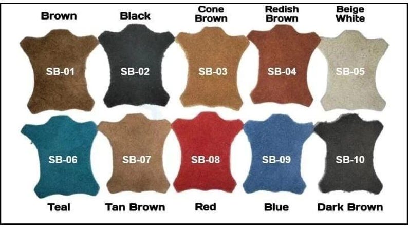 May include: A collection of ten hide-shaped leather swatches arranged in two rows. Each swatch is labeled with a code from SB-01 to SB-10 and a color name including Brown, Black, Cone Brown, Redish Brown, Beige White, Teal, Tan Brown, Red, Blue, and Dark Brown.