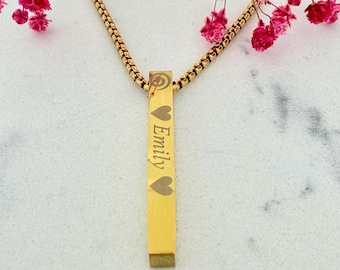 Personalized Gold Bar Necklace | Custom Name Date Engraved Pendant, Stainless Steel