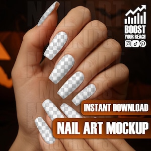 May include: A hand displaying long, square-shaped nails with a transparent checkered design. The image includes text that reads "INSTANT DOWNLOAD" and "NAIL ART MOCKUP", along with a graphic that says "BOOST YOUR REACH".