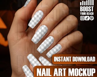 Digital Halloween Nail Mockup Hand: Long Transparent Nails for Design