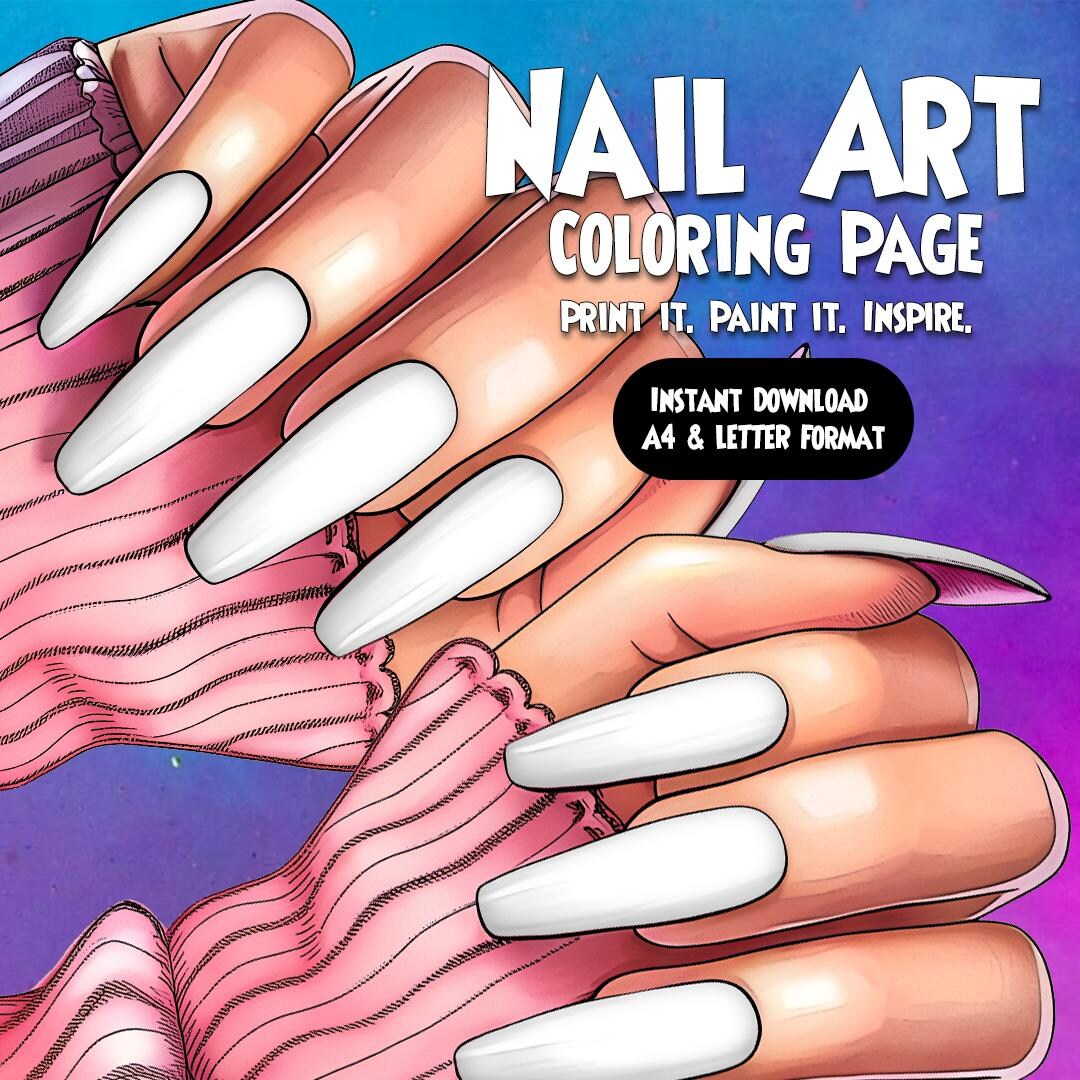 Printable Nail Art Coloring Page Long Coffin Nails Template Hand