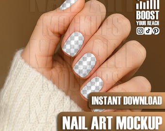 デジタルネイルモックアップハンド：マニキュアのデザインとディスプレイのためのリアルな短いアーモンド型の透明ネイル