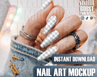 Digital Nail Mockup Hand: Realistic Long White Nails for Art Design and Display Template
