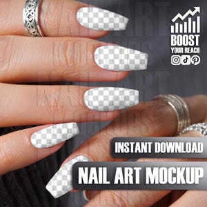 May include: A hand with long, square-shaped nails, each featuring a transparent checkered design. The image includes text that reads "INSTANT DOWNLOAD" and "NAIL ART MOCKUP," along with a graphic that says "BOOST YOUR REACH."