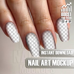Könnte beinhalten: Nahaufnahme einer Hand mit langen, oval geformten Nägeln. Die Nägel haben ein transparentes, kariertes Design, ideal für Nagelkunst-Mockups. Der Text "BOOST YOUR REACH", "INSTANT DOWNLOAD" und "NAIL ART MOCKUP" ist enthalten.