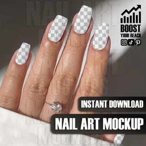 May include: A hand with white nails, each featuring a checkered design. A silver ring with a clear stone is on the ring finger. The image includes the text "INSTANT DOWNLOAD" and "NAIL ART MOCKUP".