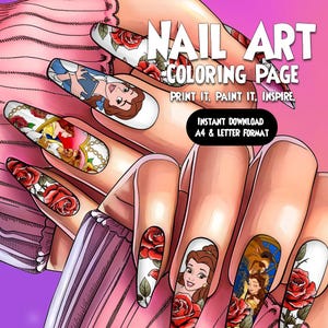 Romantic Rose Nail Art Coloring Page | Floral Princess Manicure Sketch Template | DIY Printable Long Nails Practice Sheet for Teens #10