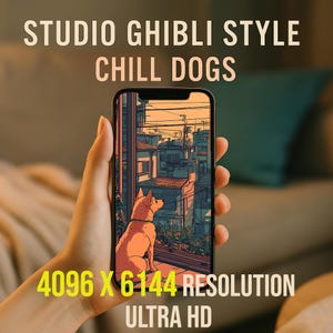 May include: A smartphone displays a Studio Ghibli-style illustration of a dog looking out over a cityscape. The image is in warm tones with the text "STUDIO GHIBLI STYLE CHILL DOGS" and "4096 X 6144 RESOLUTION ULTRA HD".