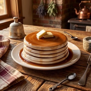 May include: A stack of pancakes on a white plate, topped with butter and syrup. The pancakes are on a wooden table with a fork, spoon, and salt cellar. The scene evokes a cozy breakfast setting.