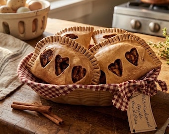 May include: Several golden-brown apple hand pies with crimped edges and heart-shaped cutouts in a woven basket lined with a red and white checkered cloth. A paper tag attached to the basket reads Old-fashioned Apple Hand Pies in cursive script.