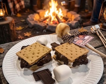May include: Two s'mores on a white paper plate, each featuring two graham crackers with melted chocolate and marshmallow. The plate includes loose dark chocolate squares, two marshmallows, and a wooden skewer with a toasted marshmallow and a tag reading S'mores.