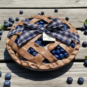 May include: A decorative blueberry pie with a lattice crust, filled with blueberries, and topped with a blue plaid bow. The pie is surrounded by fresh blueberries and green leaves, creating a rustic, inviting scene.
