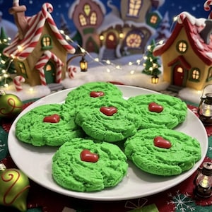 May include: A white plate holds five round, bright green cookies, each topped with a single small, smooth red heart-shaped candy. The cookies have a textured, slightly crumbly surface and are arranged in a cluster on the center of the plate.