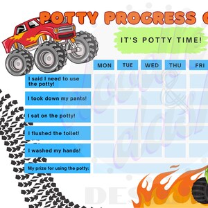 May include: Potty training chart with a red monster truck and the words "Potty Progress Chart" and "It's Potty Time!". Includes checkboxes for each day of the week and steps for using the potty.