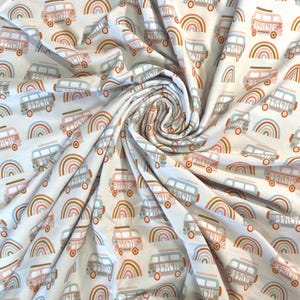 Pastel Hippie Van Cotton Lycra - Beach Print & Rainbows 55 Inch Wide Knit for Summer Clothing - By the Piece - Printed in the USA