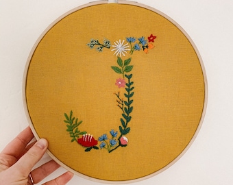Letter J Botanical Embroidery Design | Floral Monogram PDF Embroidery Pattern