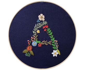 Letter A Botanical Embroidery Design | Floral Monogram PDF Embroidery Pattern