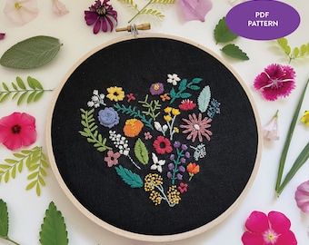 Botanical Heart Embroidery Pattern, Beginner Embroidery Floral Pattern