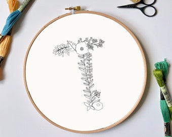 Letter T Botanical Embroidery Design | Floral Monogram PDF Embroidery Pattern
