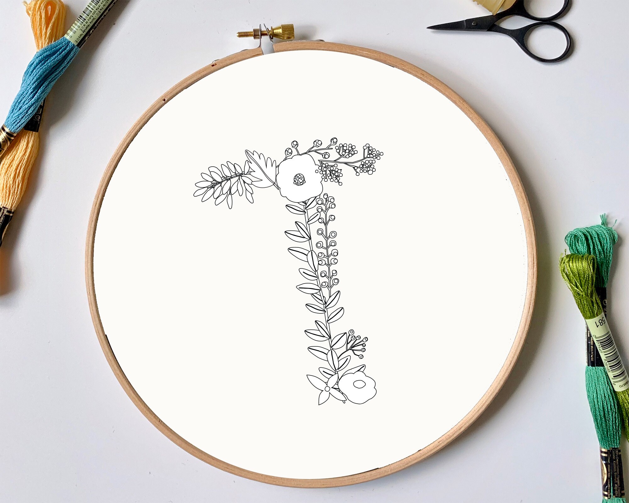 Letter T Botanical Embroidery Design Floral Monogram PDF | Etsy
