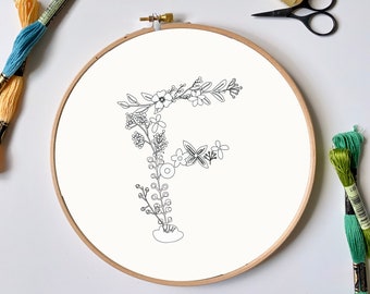 Letter F Botanical Embroidery Design | Floral Monogram PDF Embroidery Pattern