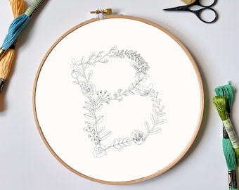 Letter B Botanical Embroidery Design | Floral Monogram PDF Embroidery Pattern