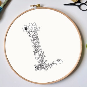 Diseño de bordado botánico de letra L / Patrón de bordado PDF con monograma floral