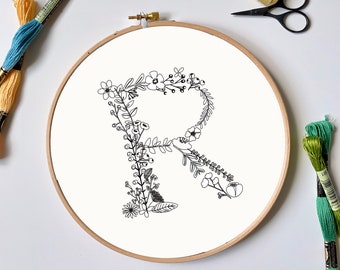 Letter R Botanical Embroidery Design | Floral Monogram PDF Embroidery Pattern