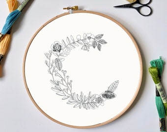 Letter C Botanical Embroidery Design | Floral Monogram PDF Embroidery Pattern