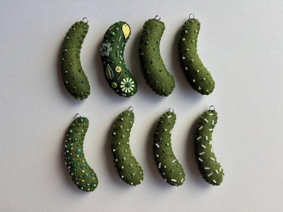 Embroidered Felt Pickle Ornament: Beaded Handmade Decoration