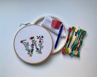 KIT Botanical Letter Embroidery Design | Floral Monogram PDF Embroidery Pattern | Embroidery Kit