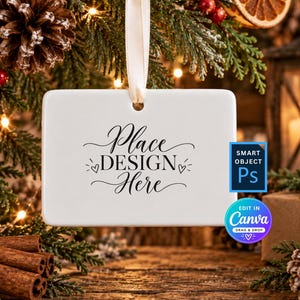 Rustic Christmas Ornament Mockup, 4x3 Ceramic Ornament Mockup, Farmhouse Canva Template + Photoshop Smart Object PSD