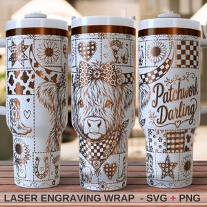 Patchwork Darling Highland Cow Tumbler Wrap SVG, Western Cow Laser Engraving File, Checkerboard Floral 40oz PNG Digital Design Download