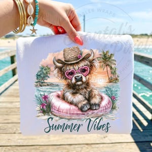 Summer Vibes Highland Cow PNG Sublimation Design | Cute Boho Beach Cowboy Hat Pool Float Shirt DTF Heat Transfer Print File Download