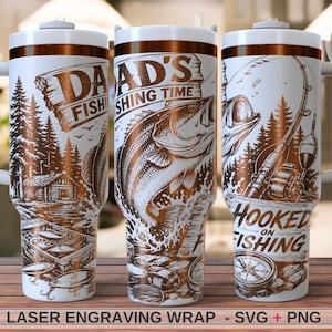 May include: White insulated tumbler with a copper-colored design featuring fishing-themed graphics. The tumbler has a handle and a lid. The design includes the text "DAD'S FISHING TIME" and "HOOKED ON FISHING".