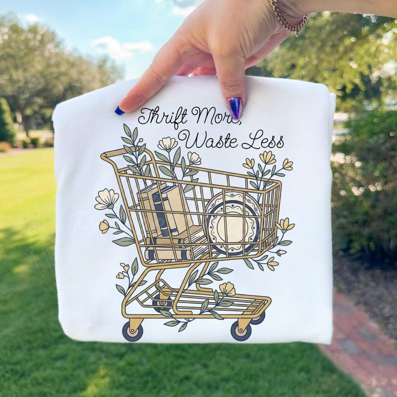 May include: White sweatshirt featuring a gold shopping cart graphic filled with books and plates, adorned with floral accents. The text "Thrift More, Waste Less" is written above the cart. The sweatshirt is held up by a person.
