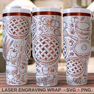 May include: Three white tumblers with handles featuring a copper-colored laser-engraved pattern of baking items including pies, rolling pins, whisks, mixing bowls, apples, and autumn leaves. The text Chantal's Perfect Pixel appears in a circle.