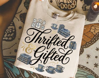 Thrifted & Gifted PNG | Vintage Thrifting Shirt Design | Cottagecore Bookish Thrift Aesthetic PNG for Shirts, Totes and POD, Commercial Use